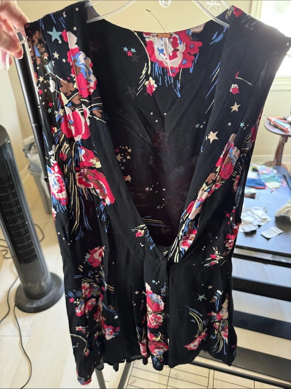 Free People NWOT Black Floral Star Deep V Sleeveless Blouse